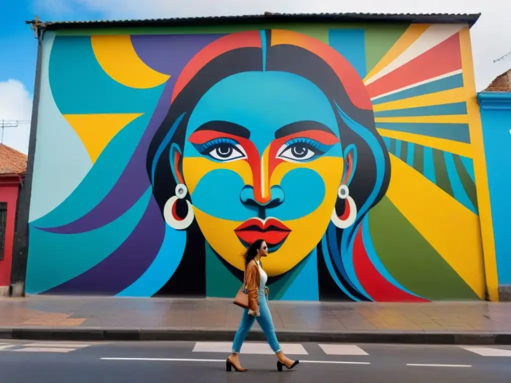 Un vibrante mural de impacto con arte contemporáneo uruguayo, colores audaces y patrones intrincados, en una concurrida calle de la ciudad