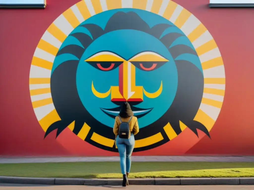 Un vibrante mural indígena contemporáneo en Uruguay, fusionando símbolos tradicionales y técnicas modernas