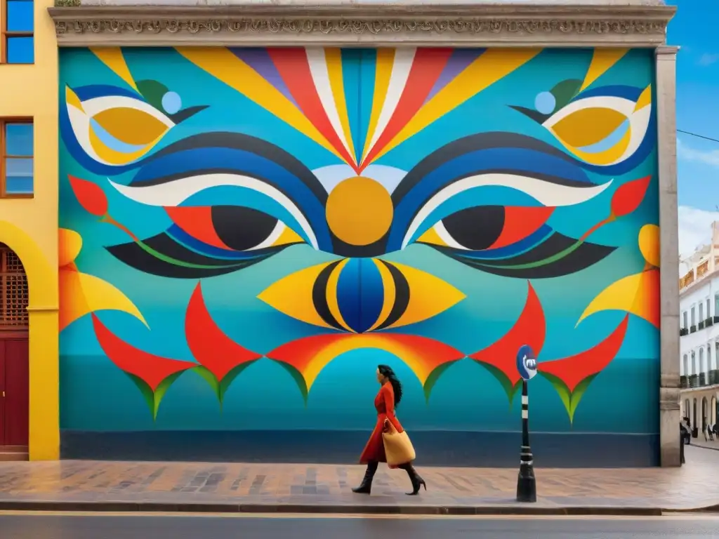 Un vibrante mural intercultural en Montevideo, Uruguay, fusionando símbolos indígenas y arte urbano contemporáneo