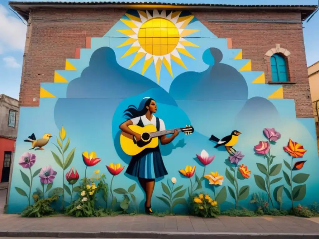 Un vibrante mural de mosaico en una antigua bodega en Uruguay, mostrando la diversidad y creatividad de espacios de arte comunitario