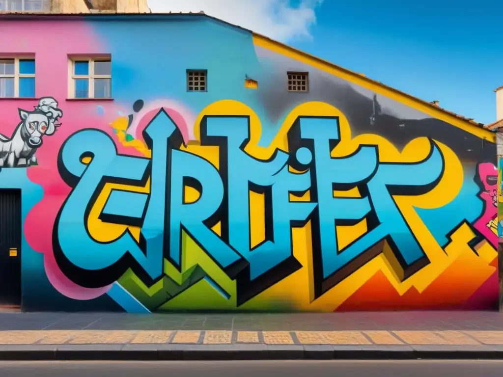 Murales urbanos en Montevideo: arte vibrante en 8k Un vibrante mural de graffiti en Montevideo, Uruguay, reflejando el papel del graffiti en Uruguay