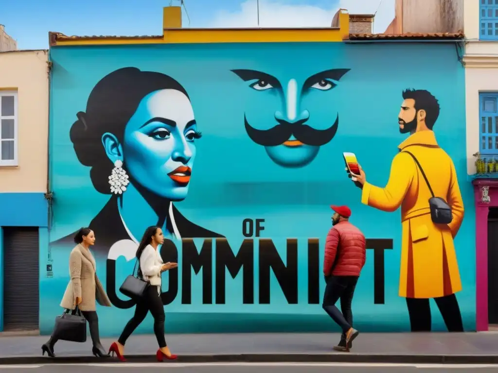 Un vibrante mural en Montevideo muestra personas diversas conversando frente a icónicos lugares de la ciudad