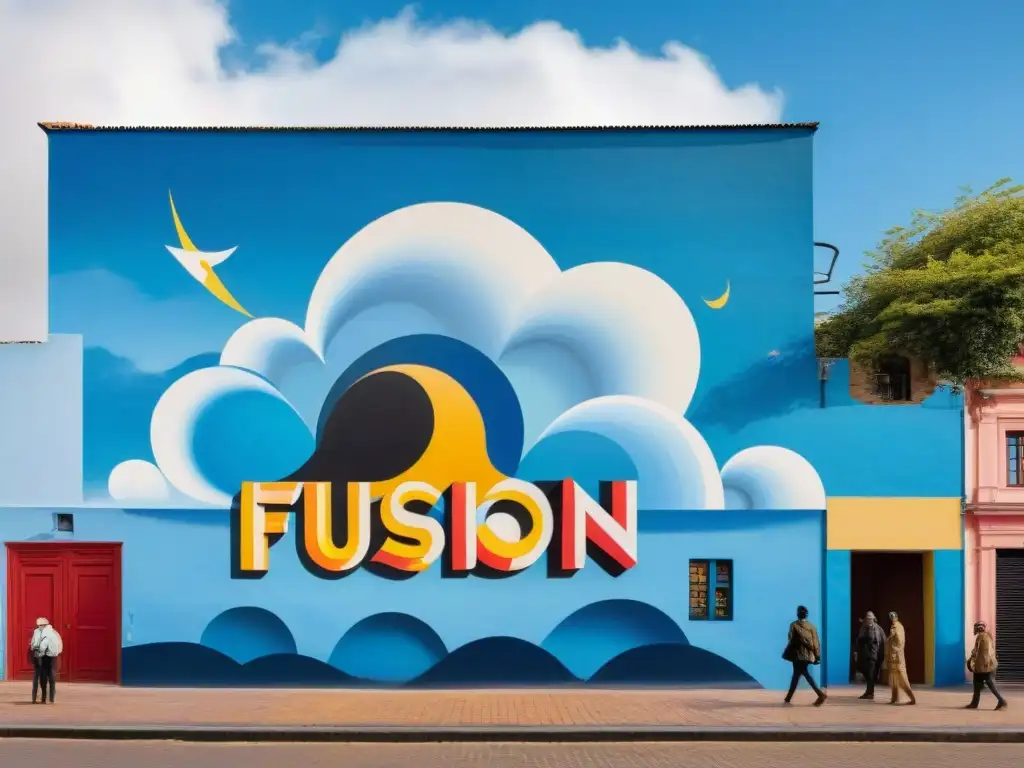 Un vibrante mural en plaza uruguaya, fusionando motivos culturales locales con diseños abstractos modernos, bajo un cielo azul brillante