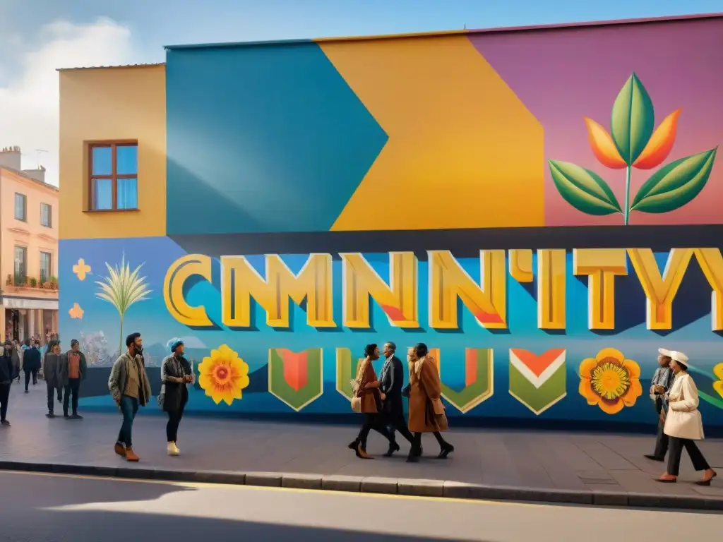 Un vibrante mural en progreso con artistas y miembros de la comunidad unidos en Uruguay, simbolizando apoyo financiamiento proyectos arte comunitario