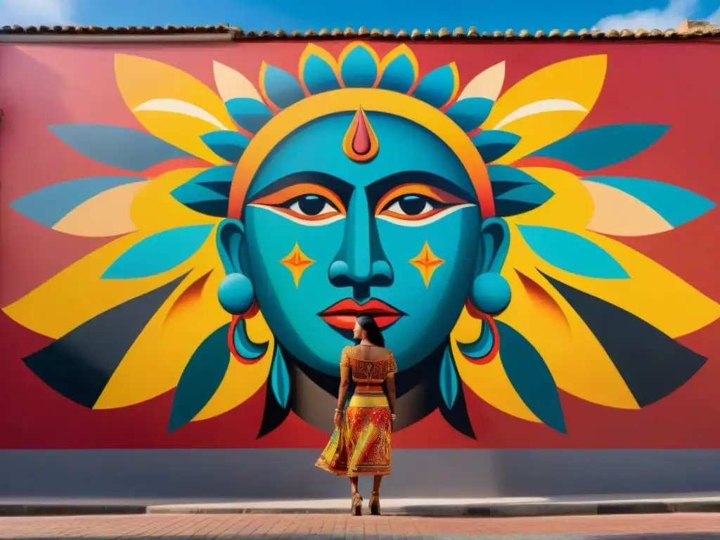 Un vibrante mural en Montevideo, Uruguay, combina símbolos indígenas con técnicas modernas, reflejando el arte contemporáneo indígena Uruguay