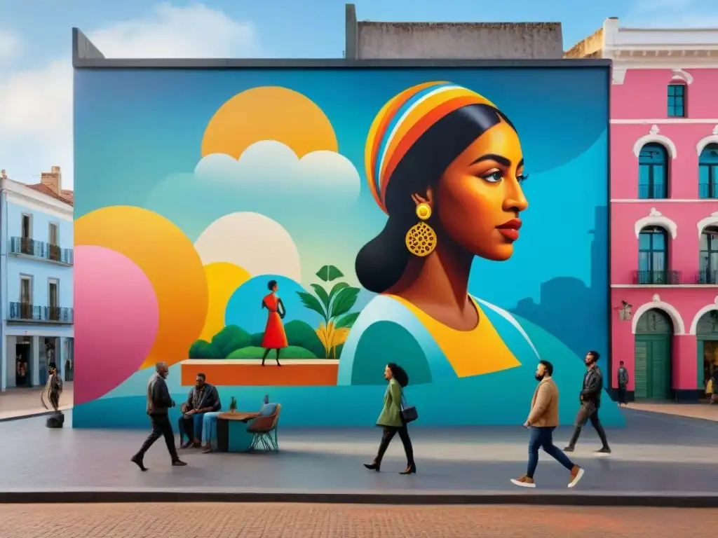 Un vibrante mural urbano en Uruguay, fusionando arte contemporáneo y tradicional, reflejando diversidad y diálogo en espacios públicos