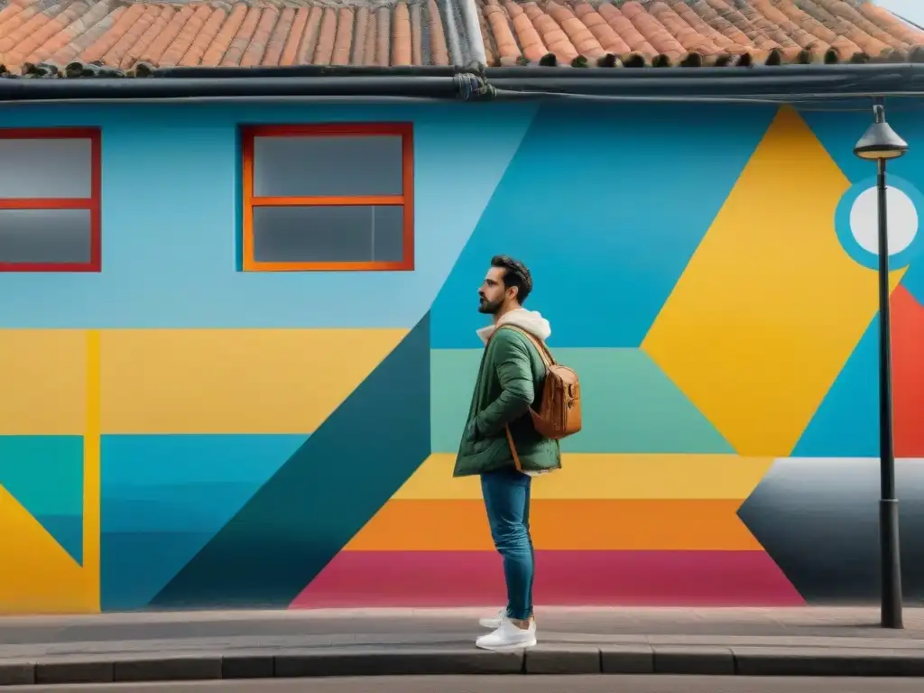 Un vibrante mural urbano en Uruguay con artistas locales creando una ciudad colorida