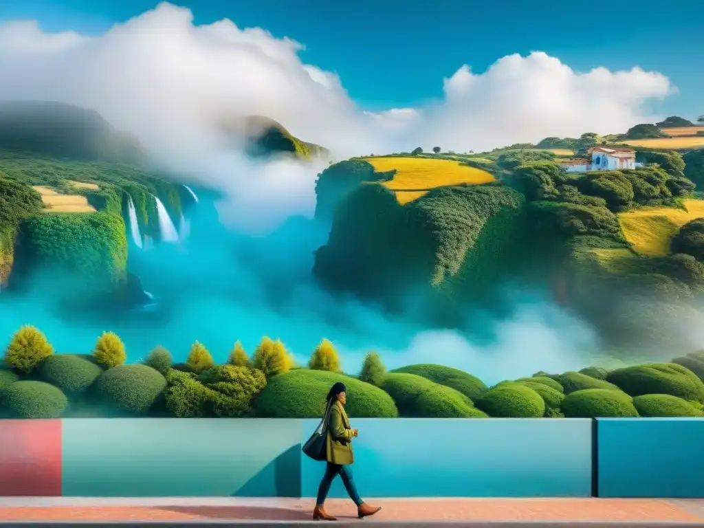 Un vibrante mural urbano que fusiona elementos de la naturaleza con paisajes urbanos, reflejando el arte contemporáneo uruguayo y la sostenibilidad