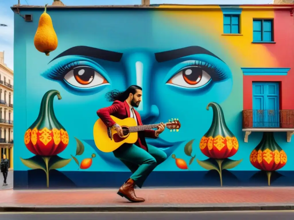 Un vibrante mural urbano que fusiona elementos culturales tradicionales uruguayos con técnicas modernas, reflejando el impacto cultural en Uruguay