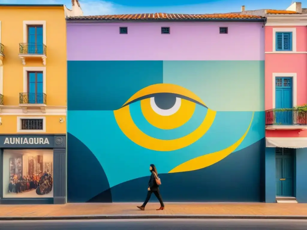 Vibrante mural urbano con figuras establecidas arte contemporáneo Uruguay