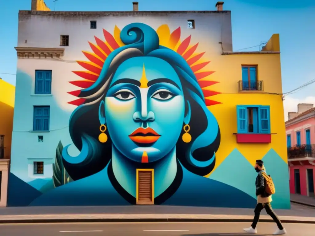 Un vibrante mural urbano en Montevideo, Uruguay, fusionando folklore tradicional con elementos de arte callejero contemporáneo