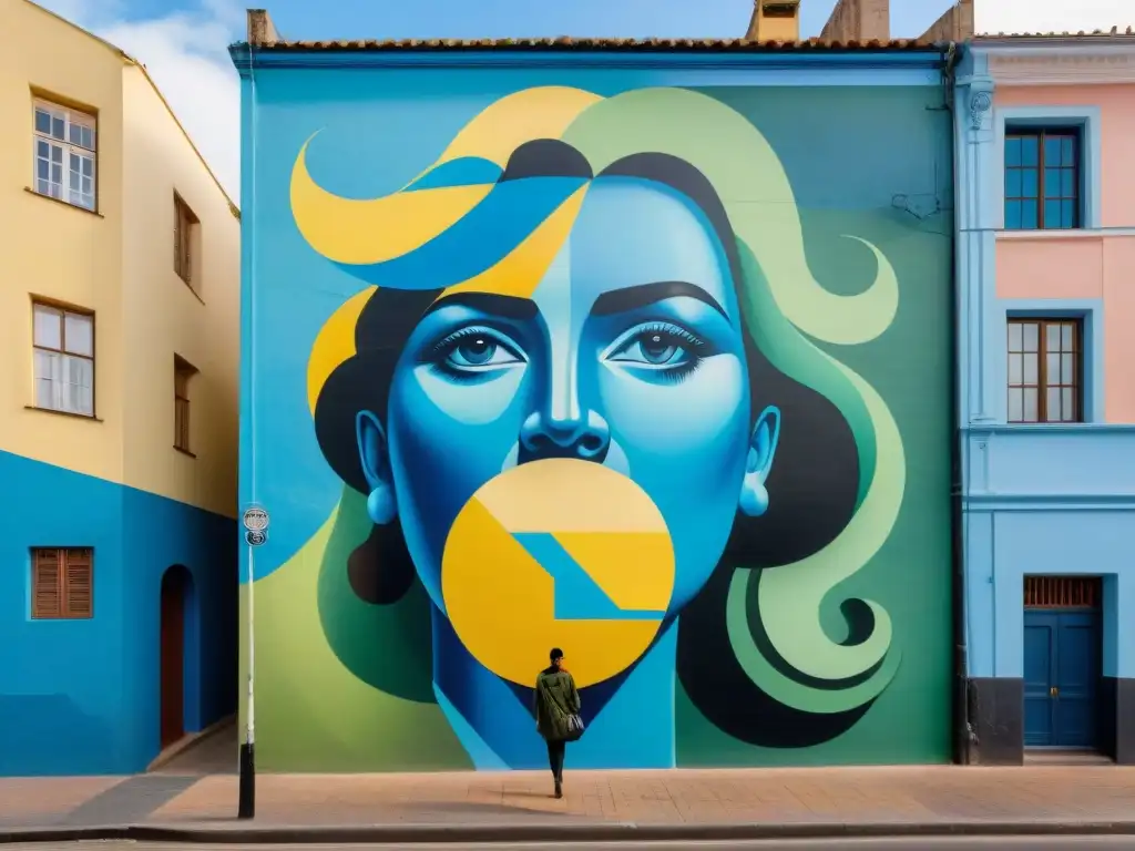 Un vibrante mural urbano en Montevideo, Uruguay, con formas geométricas y retratos realistas, arte urbano revitalizando zonas olvidadas