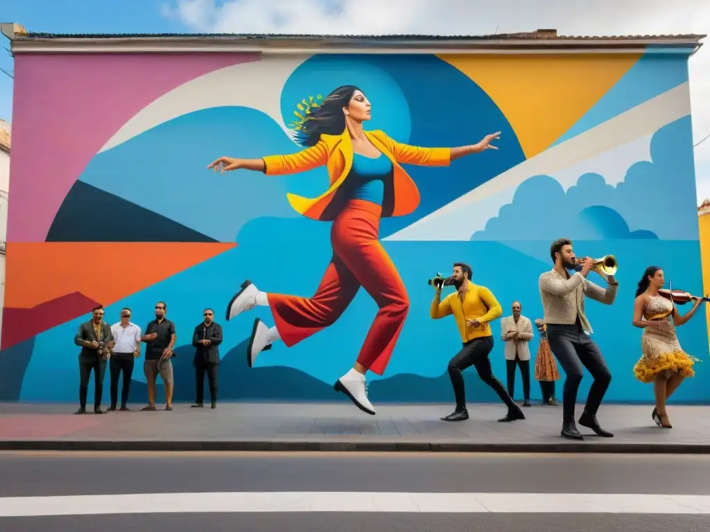 Un vibrante mural urbano en Montevideo que refleja la influencia del performance artístico en Uruguay, con artistas y espectadores en una colorida y dinámica escena de arte callejero