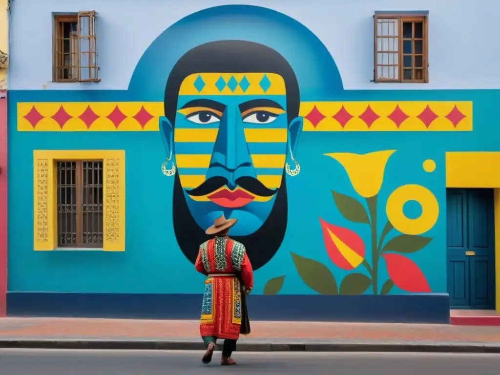 Un vibrante mural urbano en Montevideo, Uruguay, fusionando patrones tradicionales y técnicas de arte callejero