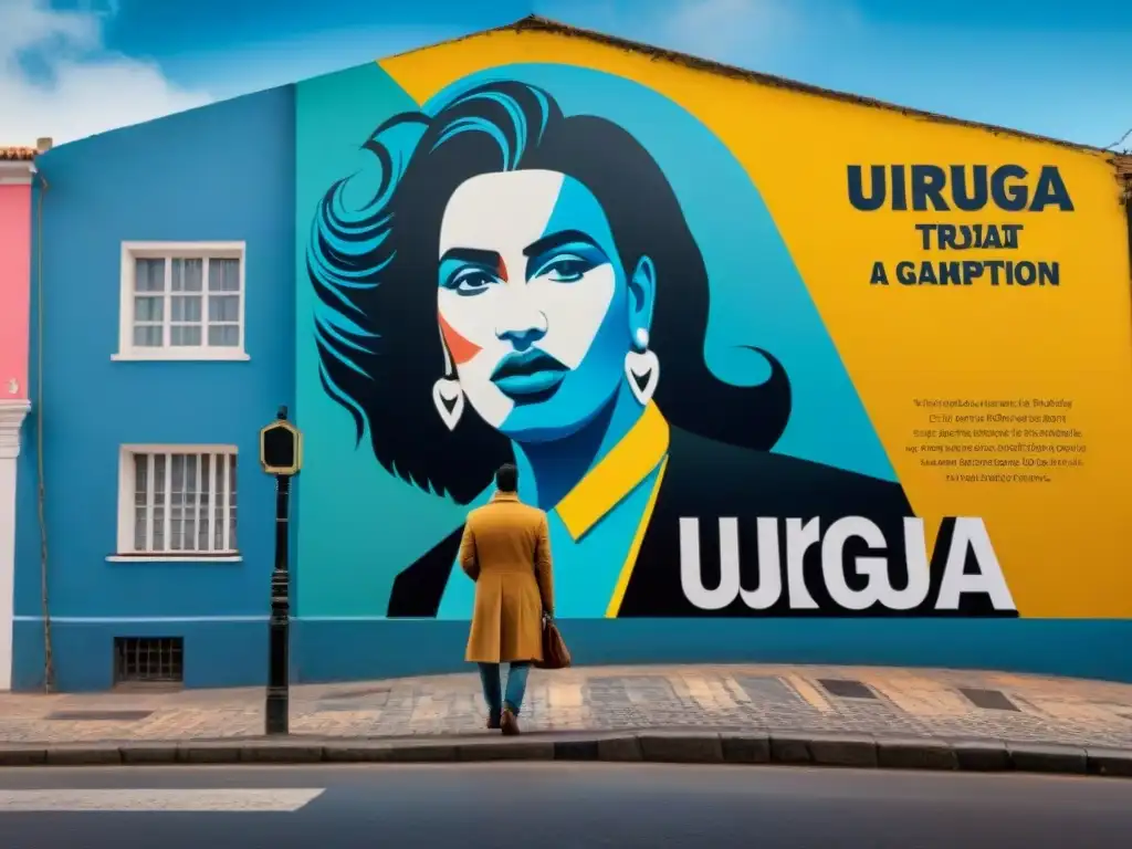 Un vibrante mural urbano en Uruguay donde personas diversas crean arte en un entorno urbano bullicioso