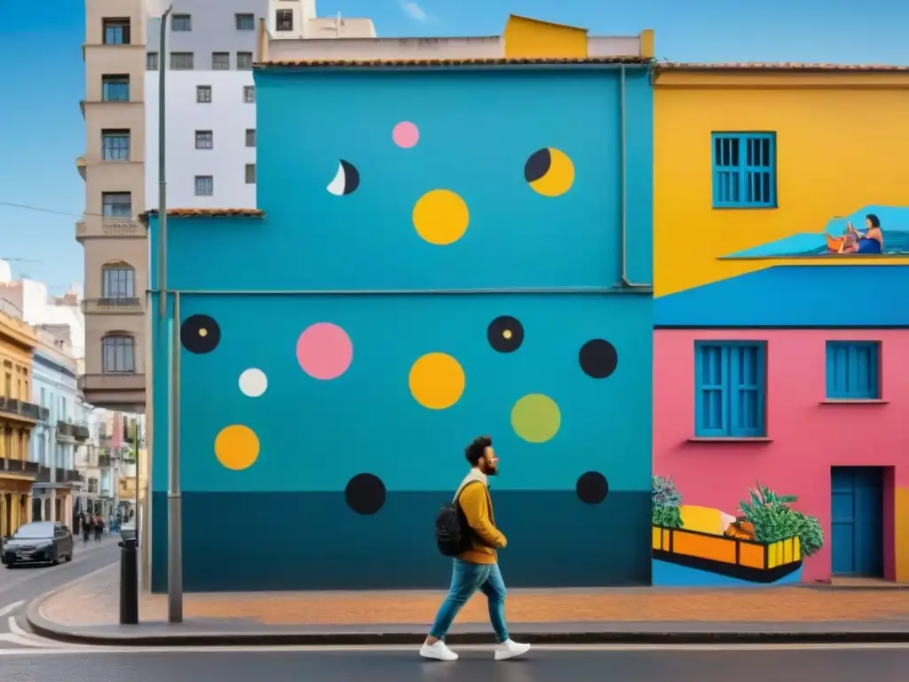 Un vibrante mural urbano en Montevideo, Uruguay, reflejando la vida cotidiana con personajes coloridos