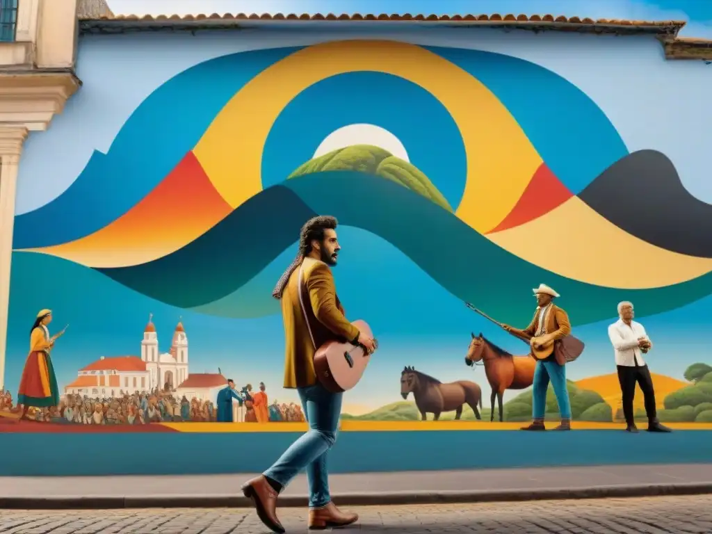 Vibrante mural uruguayo: arte contemporáneo que conserva la memoria nacional con escenas históricas detalladas y colores intensos