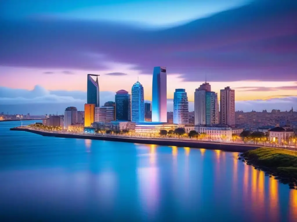 Un vibrante paisaje urbano futurista de Montevideo, Uruguay, con rascacielos iluminados por luces de neón, reflejados en un río brillante al atardecer