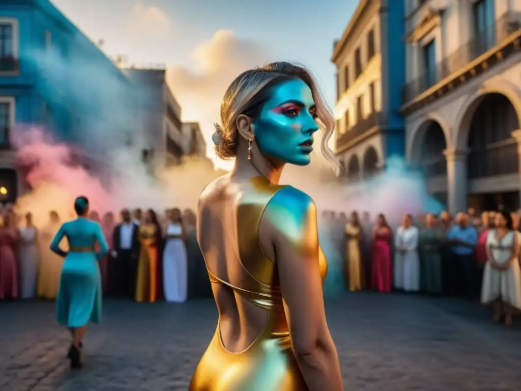 Vibrante performance de arte contemporáneo en Uruguay con body paint colorido y coreografía, en plaza urbana al atardecer