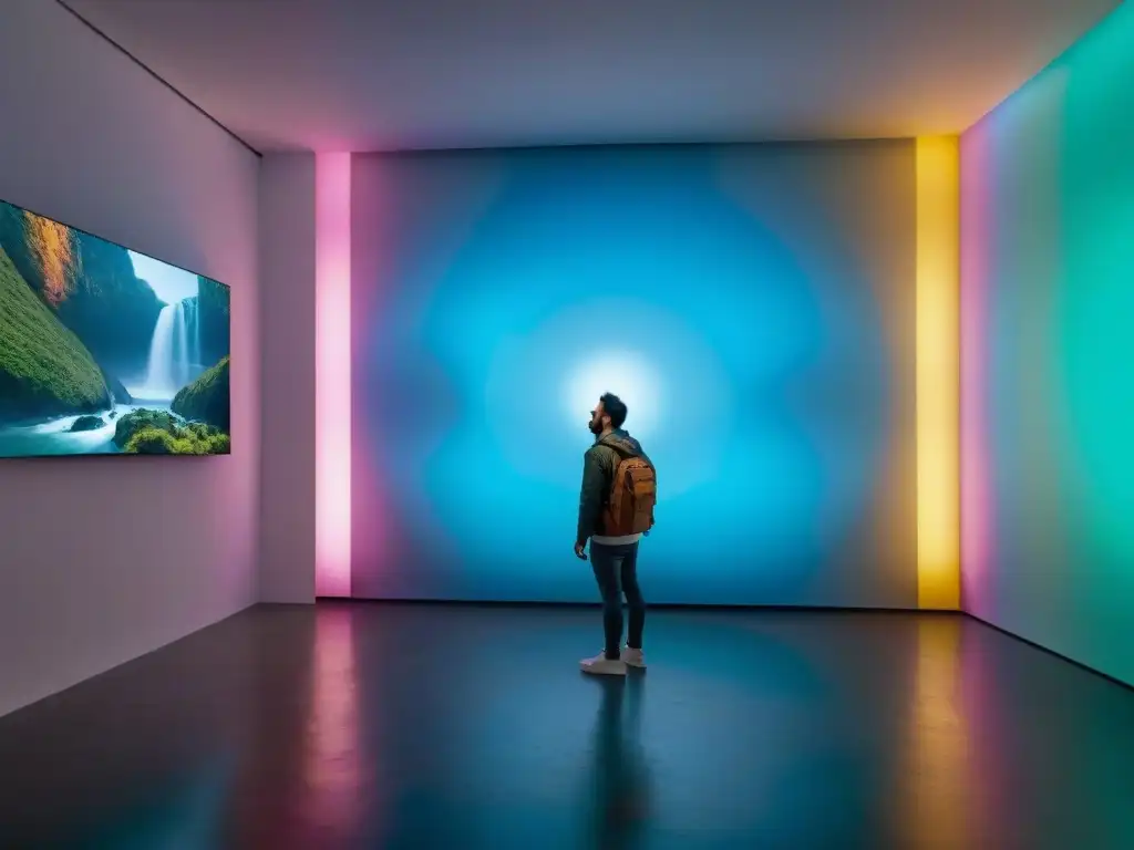 Vibrante videoarte contemporáneo en Uruguay: instalación de arte visual en galería con proyecciones coloridas y elementos digitales interactivos