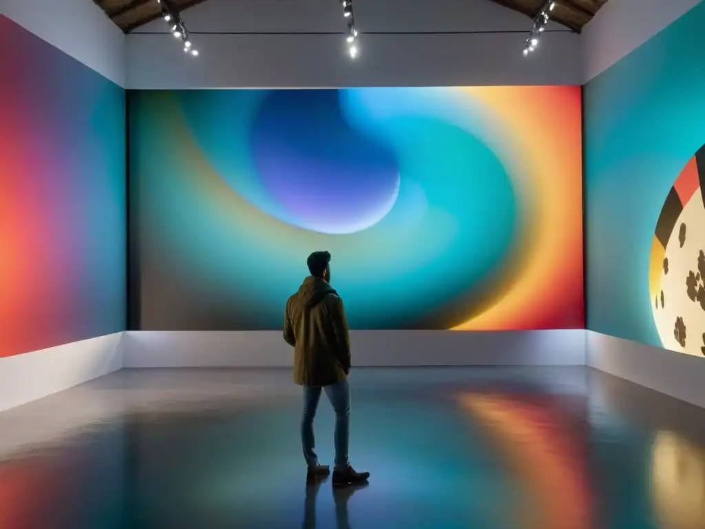 Videoarte contemporáneo en galería de arte en Uruguay con instalación dinámica y envolvente de proyecciones abstractas y coloridas