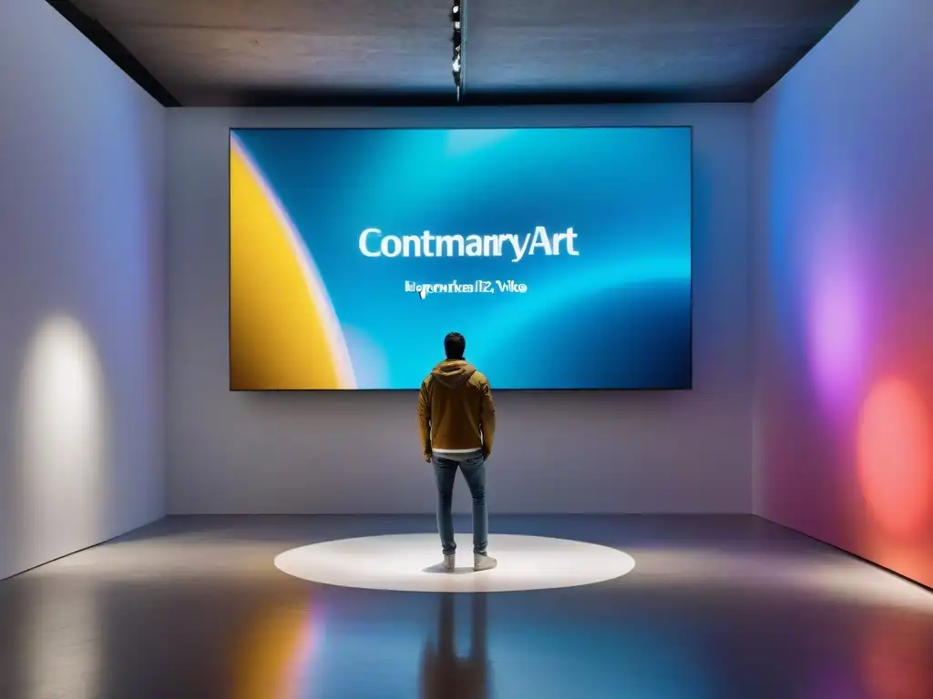 Videoarte contemporáneo en Uruguay: galería de arte con instalación vibrante y cautivadora, visitantes inspirados por creatividad y tecnología