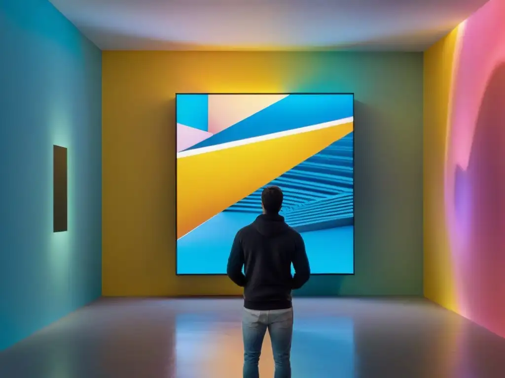 Videoarte contemporáneo en galería de arte en Uruguay: instalación vibrante y dinámica con pantallas abstractas y coloridas