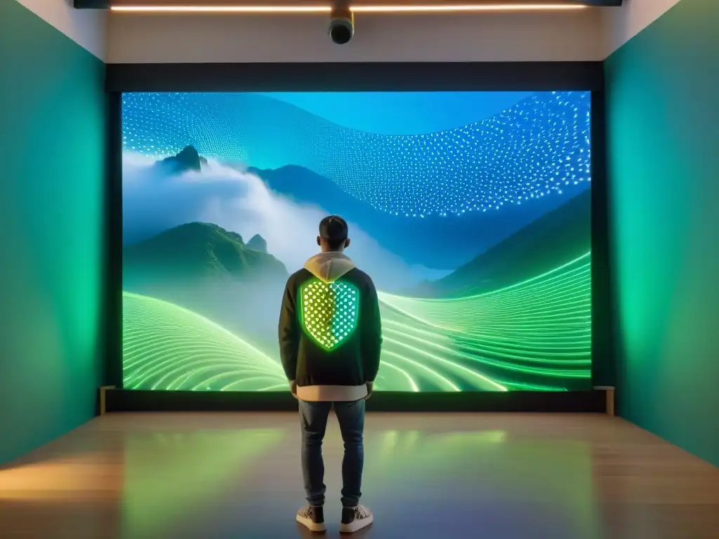 Videoarte contemporáneo en Uruguay: instalación vibrante fusionando tradición y elementos digitales futuristas en una rica paleta de colores