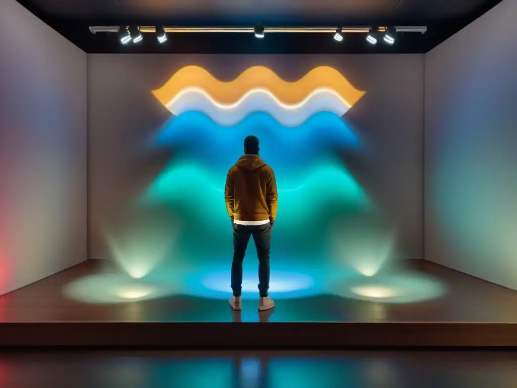 Videoarte contemporáneo en Uruguay: Instalación vibrante con proyecciones coloridas y elementos interactivos en galería