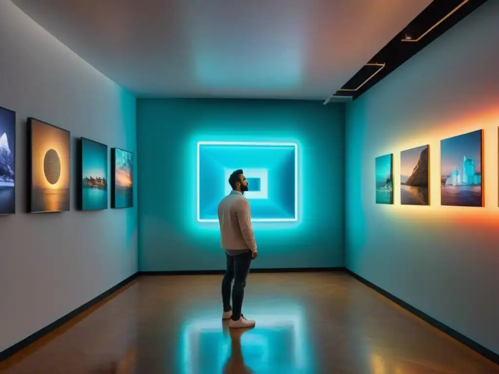 Una visión futurista de archivos digitales arte contemporáneo Uruguay en sala holográfica minimalista