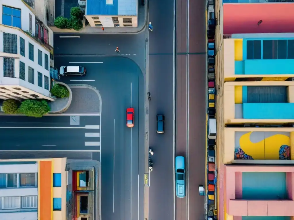 Vista aérea detallada de arte urbano en Montevideo, revolución transformando la ciudad con coloridos murales y grafitis