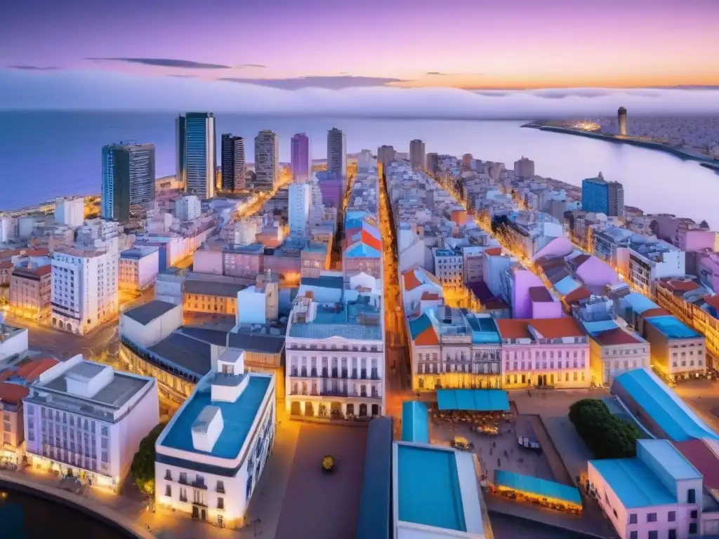 Vista aérea detallada de Montevideo al atardecer, fusionando arte contemporáneo y perspectiva de drones