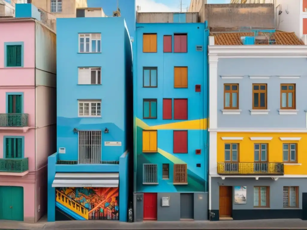 Vista aérea detallada de Montevideo, Uruguay, con vibrante arte urbano contemporáneo en calles y edificios