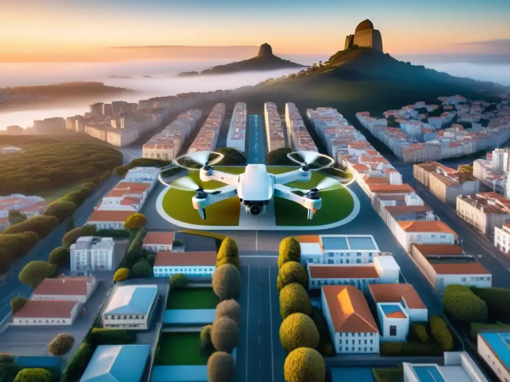 Futuro urbano uruguayo: armonía entre IA y arquitectura Una vista futurista de Uruguay con drones AI en armonía con la arquitectura tradicional, bañada en luz de atardecer