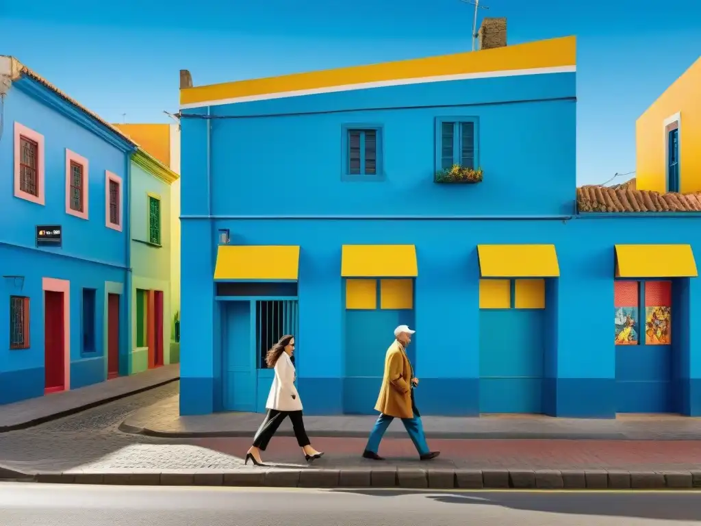 Vista vibrante de la importancia de la fotografía contemporánea en Uruguay: escenas callejeras coloridas y dinámicas bajo un cielo azul despejado