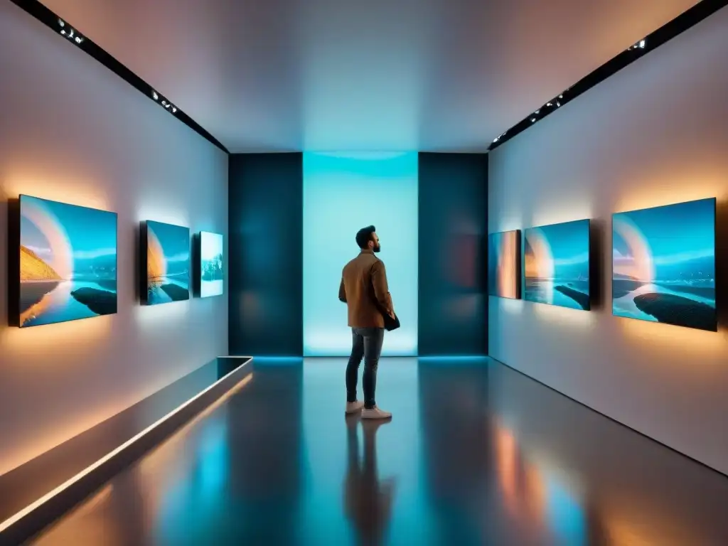 Un vistazo al futuro del Arte contemporáneo uruguayo innovador impacto en una galería futurista llena de hologramas interactivos